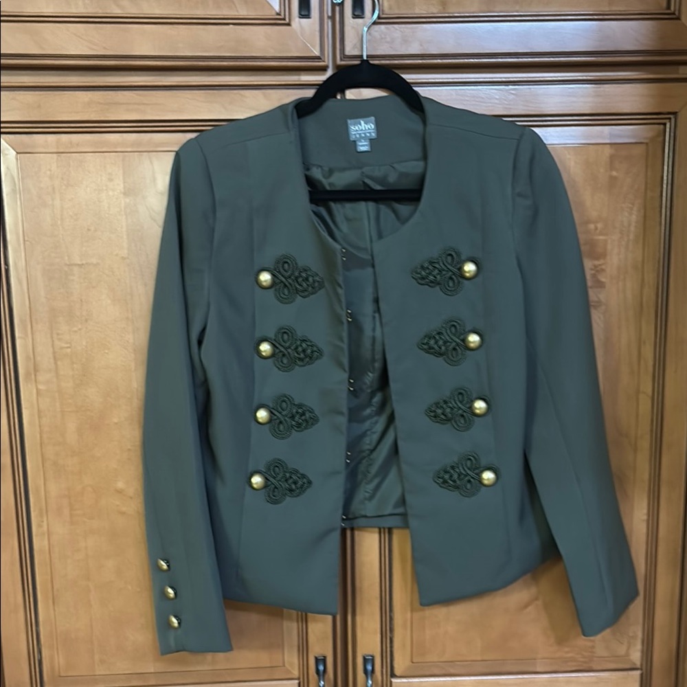 Green and Gold Military-Inspired Blazer with Stand-Up Collar